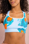 colorful orange and blue pattern racerback sports bra removable padding comfort tubing sweat wicking high support 